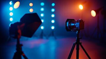 Camera is set up in front of a blue and red light. The camera is on a tripod and is pointed at the lights. The lights are on a stand and are in the background photo