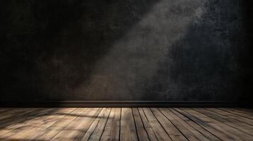 Large empty room with a wooden floor and a wall. The room is dark and empty, with no furniture or decorations. The wooden floor is the only visible element in the room photo