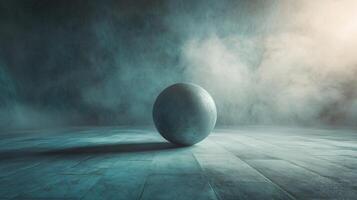 Small ball is sitting on a blue surface. The ball is surrounded by a hazy, foggy atmosphere photo