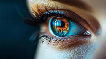 Woman's eye is shown in a blue and orange color. The eye is surrounded by a blurry background, which gives the impression of a close-up shot. The eye is large and prominent photo