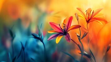 Colorful flower with a yellow center and purple petals. The flower is surrounded by green leaves and is in a field of flowers photo