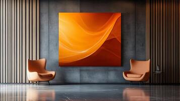 Room with a large orange painting on the wall and two orange chairs. The painting has a wave-like pattern and he is abstract. The chairs are placed in front of the painting, creating a cozy photo