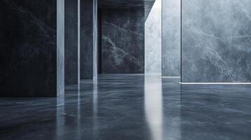 Large, empty room with a grey floor and grey walls. The room is empty and has no furniture or decorations photo