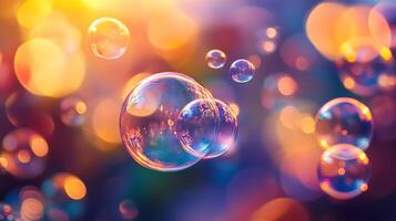 Colorful image of bubbles floating in the air. The bubbles are of different sizes and colors, creating a sense of movement and playfulness. Scene is lighthearted and joyful photo
