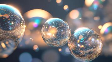 Three large, colorful, and shiny spheres floating in the air. The spheres are surrounded by a blurry background, giving the impression of a dreamlike, ethereal atmosphere photo