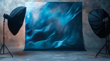 Blue and white painting of a wave is displayed in a studio. The painting is surrounded by two black lighting fixtures, which create a dramatic and moody atmosphere photo