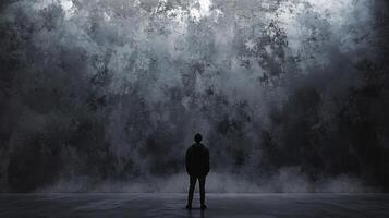 Man stands in front of a wall of water. The man is looking up at the wall, and the water appears to be crashing down on him. The scene is dark and ominous photo