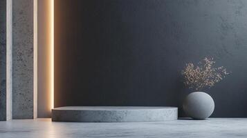 Black and white photo of a vase with flowers on a pedestal. The vase is placed on a grey surface, and the flowers are scattered around it. The scene has a minimalist and elegant feel, with the vase