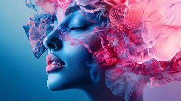 Woman's face is surrounded by a flowery design. The image has a dreamy, ethereal quality to it, with the woman's face appearing to be floating above the flowers. The colors are vibrant and bold photo