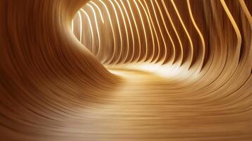 Wooden tunnel with a curved wall and a light shining through it. The tunnel is long and narrow, and the wood grain is visible. The light shining through the tunnel creates a warm photo