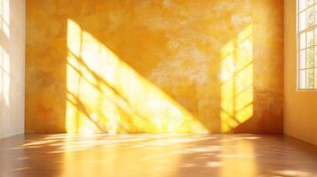 Room with a yellow wall and a window. The room is empty and has a lot of natural light coming in from the window photo