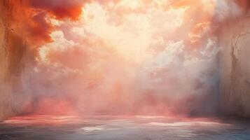 Painting of a cloudy sky with a red and orange background. The sky is filled with clouds and the background is a mix of red and orange. The painting has a moody and dramatic feel to it photo