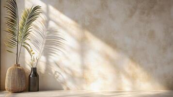 Vase with a palm tree in it sits on a table in front of a wall. The vase is black and the palm tree is green. The wall is white and the sunlight is shining on it, creating a warm photo