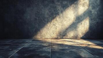 Dark room with a wall and a window. The wall is covered in a lot of dust and the window is letting in some light photo
