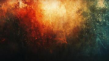 The image is a vibrant and textured abstract painting with a strong focus on red and orange hues. The painting has a lot of depth and complexity, with various shades photo