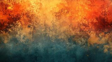 Painting of a wall with a blue and orange background. The blue and orange colors are blended together to create a sense of depth and texture. The painting has a dreamy, almost surreal quality to it photo