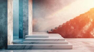 White marble staircase with a red wall in the background. The staircase is empty and the wall is covered in red bricks. The scene is simple and minimalistic photo