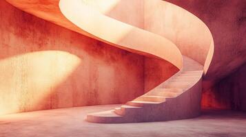 Spiral staircase is shown in a room with a pink wall. The staircase is made of concrete and has a modern design. The room is dimly lit, giving it a mysterious and somewhat eerie atmosphere photo