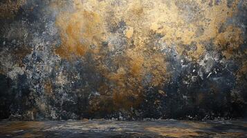 Painting of a dark, empty room with a splash of gold. The painting is abstract and has a sense of depth photo