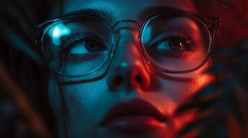 Woman with glasses is looking at the camera. The image has a moody and mysterious feel to it, as if the woman is hiding something behind her glasses photo