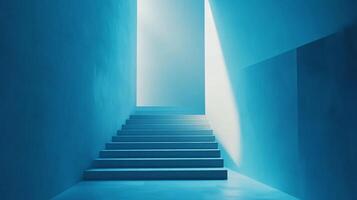 Blue staircase with a blue wall in the background. The staircase is empty and the wall is a deep shade of blue. The light shining through the window casts a warm glow on the staircase photo