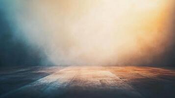 Blurry image of a room with a wooden floor and a wall. The room is empty and the floor is wet photo