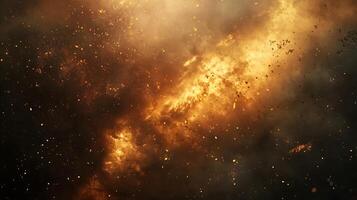 Bright yellow star with a lot of fire and smoke surrounding it. The fire and smoke are scattered all over the image, giving it a chaotic and intense feeling photo