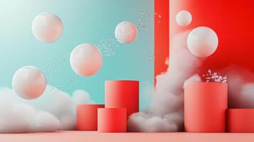 Series of red cubes and white spheres are floating in the air. The spheres are scattered in various directions, with some closer to the cubes and others further away. The scene has a sense of motion photo