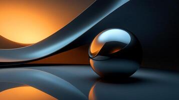 Shiny silver ball is sitting on a reflective surface. The ball is surrounded by a curved line, which creates a sense of depth and movement. The image has a modern and sleek feel, with the shiny ball photo