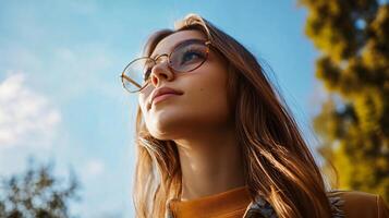 Woman with brown hair and glasses is looking up at the sky. The sky is blue and clear, and the woman is enjoying the view photo