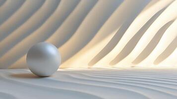 White ball is sitting on a sandy beach. The beach is empty and the ball is the only object in the scene. Scene is calm and peaceful, as the ball sits alone on the beach, surrounded by the soft sand photo