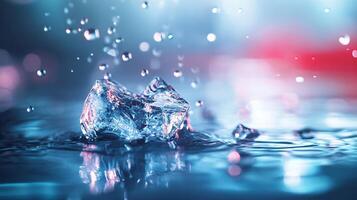 Small ice cube is floating in a body of water. The water is blue and the ice cube is white photo