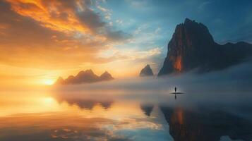 Person is on a boat in the middle of a lake with mountains in the background. The sky is orange and the water is calm photo