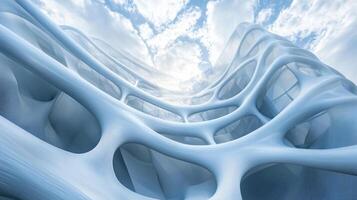 Futuristic building with a lot of windows and a lot of white. The building is very tall and has a lot of curves. The sky is blue and there are some clouds photo