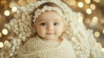 Baby is lying on a blanket with a white headband on. The baby is smiling and looking at the camera. The scene is warm and inviting, with the baby's innocence and joy shining through photo