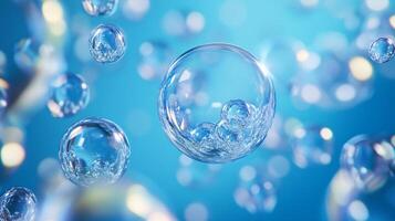 Blue background with many small bubbles floating in the air. The bubbles are clear and shiny, giving the impression of a sparkling, refreshing atmosphere photo