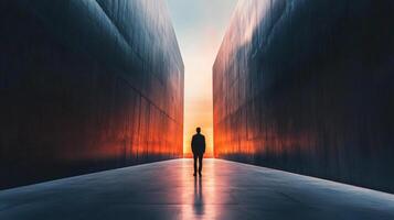 Man walks down a long, empty hallway with a sunset in the background. The hallway is dark and the man is the only person in the scene. Scene is somber and lonely photo