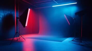 Dark room with three lights, one of which is red. The room is dimly lit and has a moody atmosphere photo