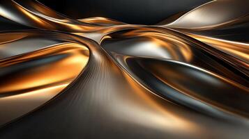 Gold and black abstract painting with a shiny, metallic texture. The painting is full of curves and lines, giving it a sense of movement and depth. The colors are bold and striking photo