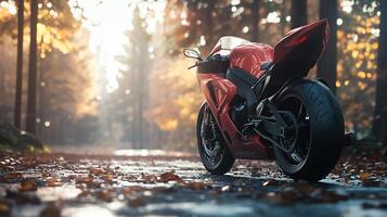 Red motorcycle is parked on a road in a forest. The image has a moody and mysterious feel to it, as the motorcycle is the only object visible in the scene photo