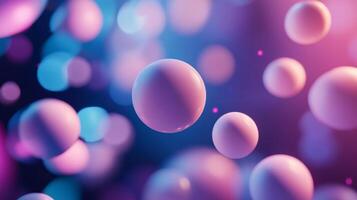 Bunch of pink spheres are floating in the air. The spheres are of different sizes and are scattered all over the image. Scene is playful and whimsical photo