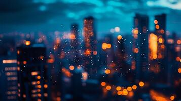 Cityscape with a blurry background and bright lights. The city is lit up at night, creating a warm and inviting atmosphere. The lights are scattered throughout the city, illuminating the buildings photo