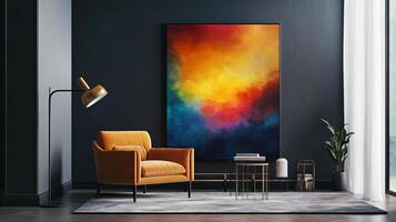 Room with a yellow chair and a large painting on the wall. The painting is colorful and abstract, and the room has a modern and minimalist design photo