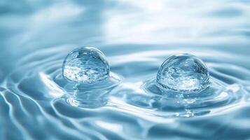 Two small bubbles floating in a body of water. The water is clear and calm. The bubbles are reflecting the light, creating a serene and peaceful atmosphere photo