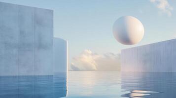 White egg is floating in the water between two white walls. The scene is serene and peaceful, with the egg and the water creating a sense of calmness photo
