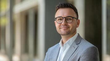 Man wearing glasses and a black and white jacket is smiling for the camera. Concept of confidence and professionalism photo