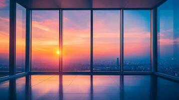 Large window with a beautiful sunset in the background. The sky is filled with clouds and the sun is setting photo