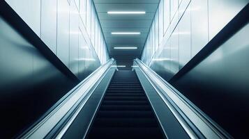 The escalator is long and narrow, with a blue background. It is empty and there are no people on it photo
