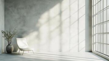 White chair is sitting in front of a window. The room is empty and has a minimalist design photo