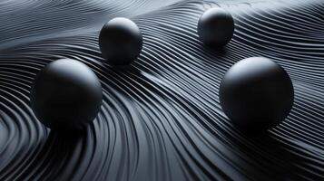Black and white image of four black spheres on a black background. The spheres are arranged in a way that they appear to be floating in the air. The image has a dreamy and ethereal quality to it photo